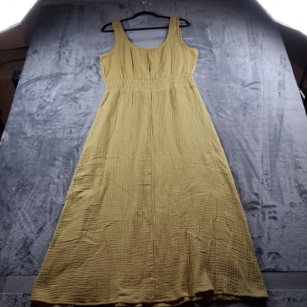 Steve Madden Maxi Dress Womens Large Olive Green Gauze Smocked Waist Side Slit - Picture 5 of 9